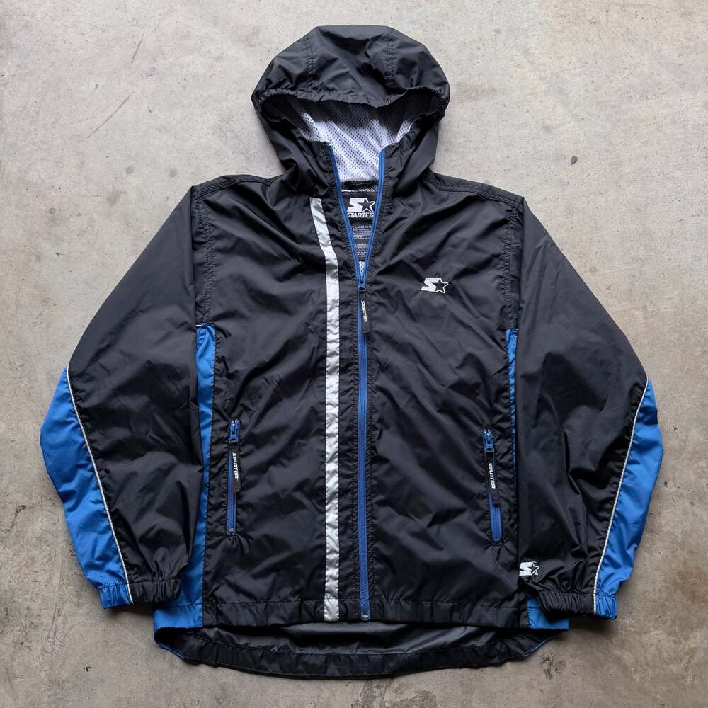 Starter Windbreaker Jacket Black Blue Size Large